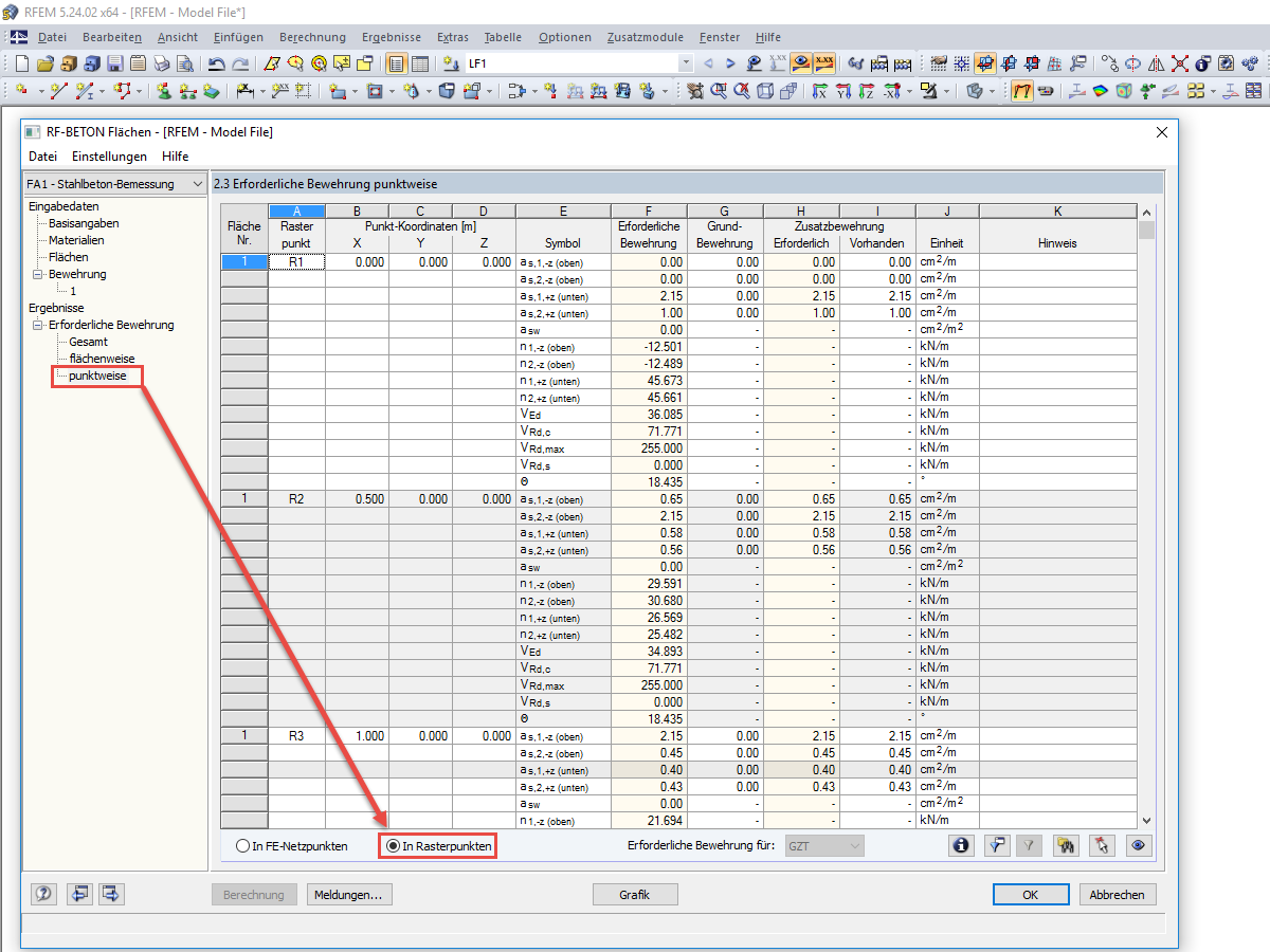 Bewehrung in Rasterpunkten