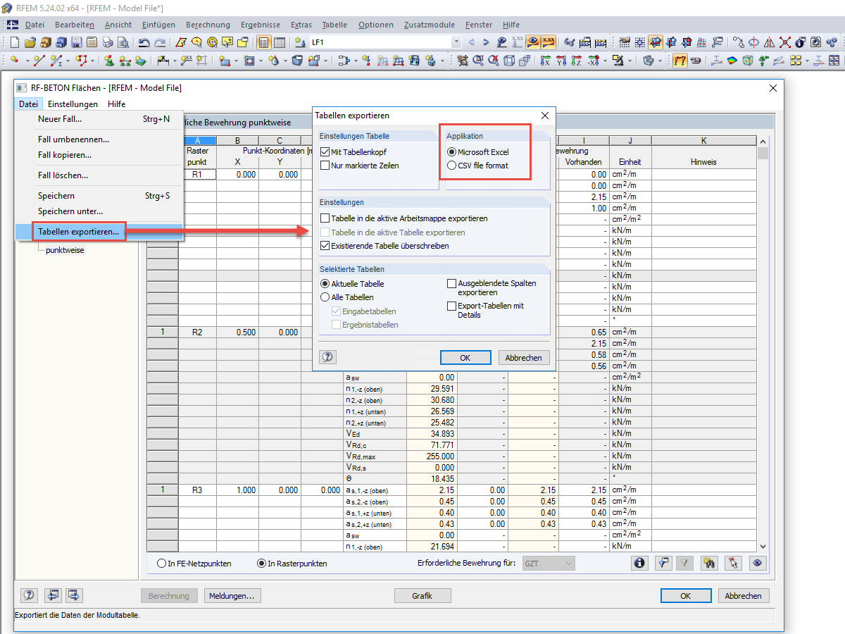 Export der Ergebnisse