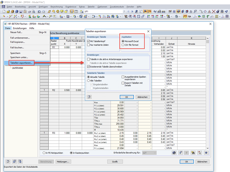 Export der Ergebnisse