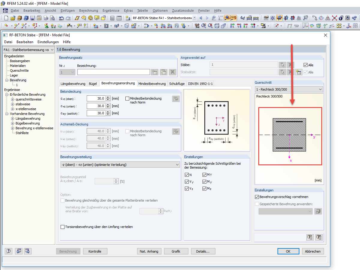 Betonquerschnitt mit Bewehrung und Schwerachse