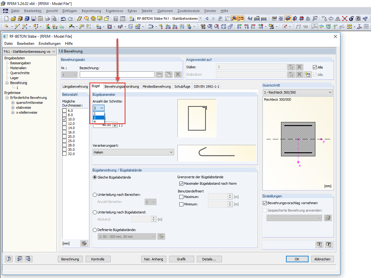 Bügelparameter: Anzahl der Schnitte