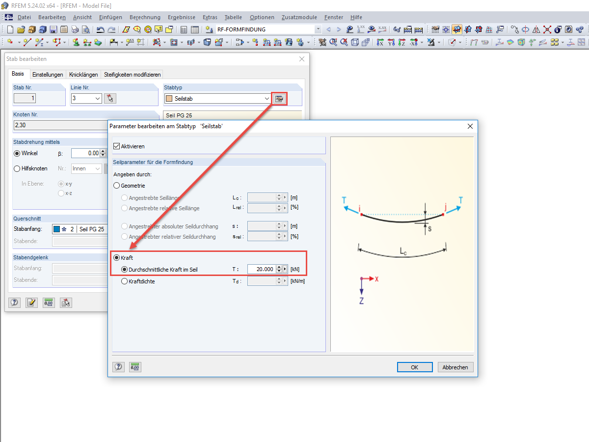 Parameter des Stabtyps "Seilstab"