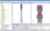 Das Turmmodell im RFEM-Programm
(der ganze Turm links, Detail des Stahlteils rechts)
(© Allcons s.r.o.)