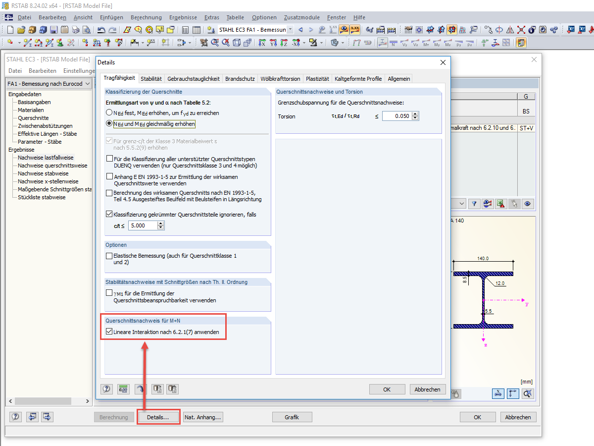 Aktivierung der linearen Interaktion von Normalkraft- und Momentenbeanspruchung