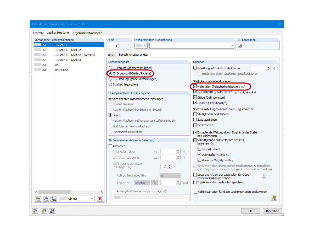 Berechnungsparameter einer Lastkombination