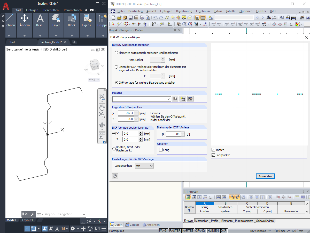 Import eines in XZ-Ebene liegenden Profils