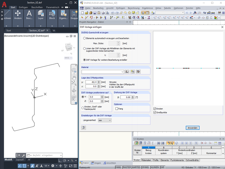 Import eines in XZ-Ebene liegenden Profils
