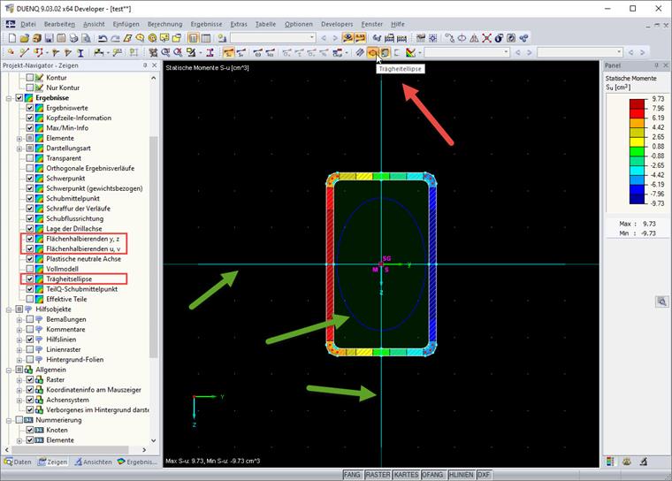 Aktivieren/Deaktivieren der Trägheitsellipse und Flächenhalbierenden