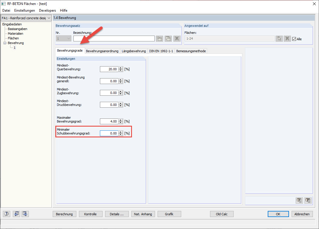 Maske 1.4 - Bewehrungsgrade: Mindestschubbewehrungsanteil