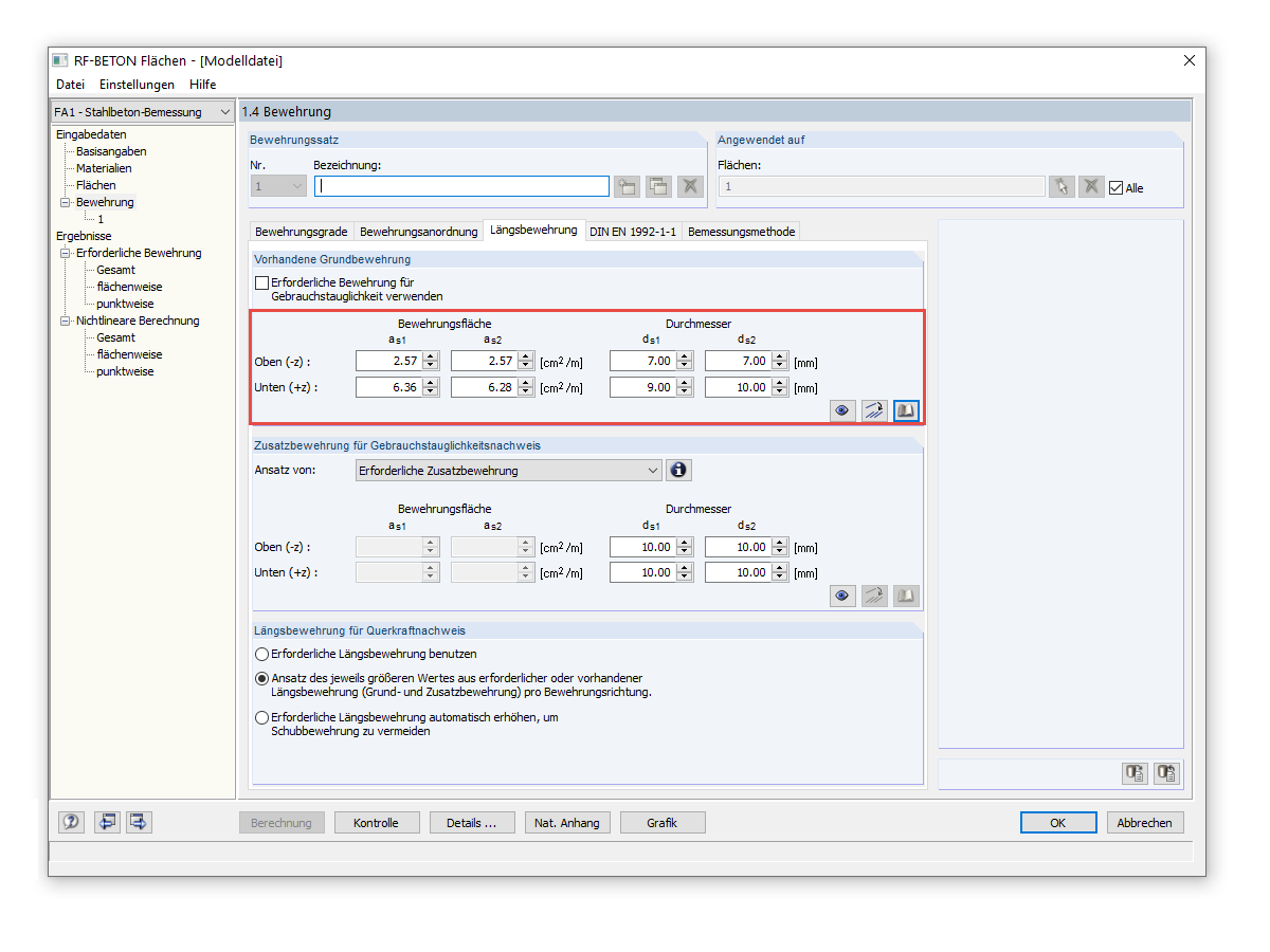 Eingabe der vorhandenen Grundbewehrung