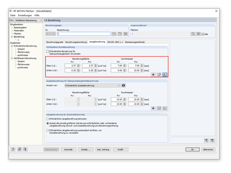 Eingabe der vorhandenen Grundbewehrung