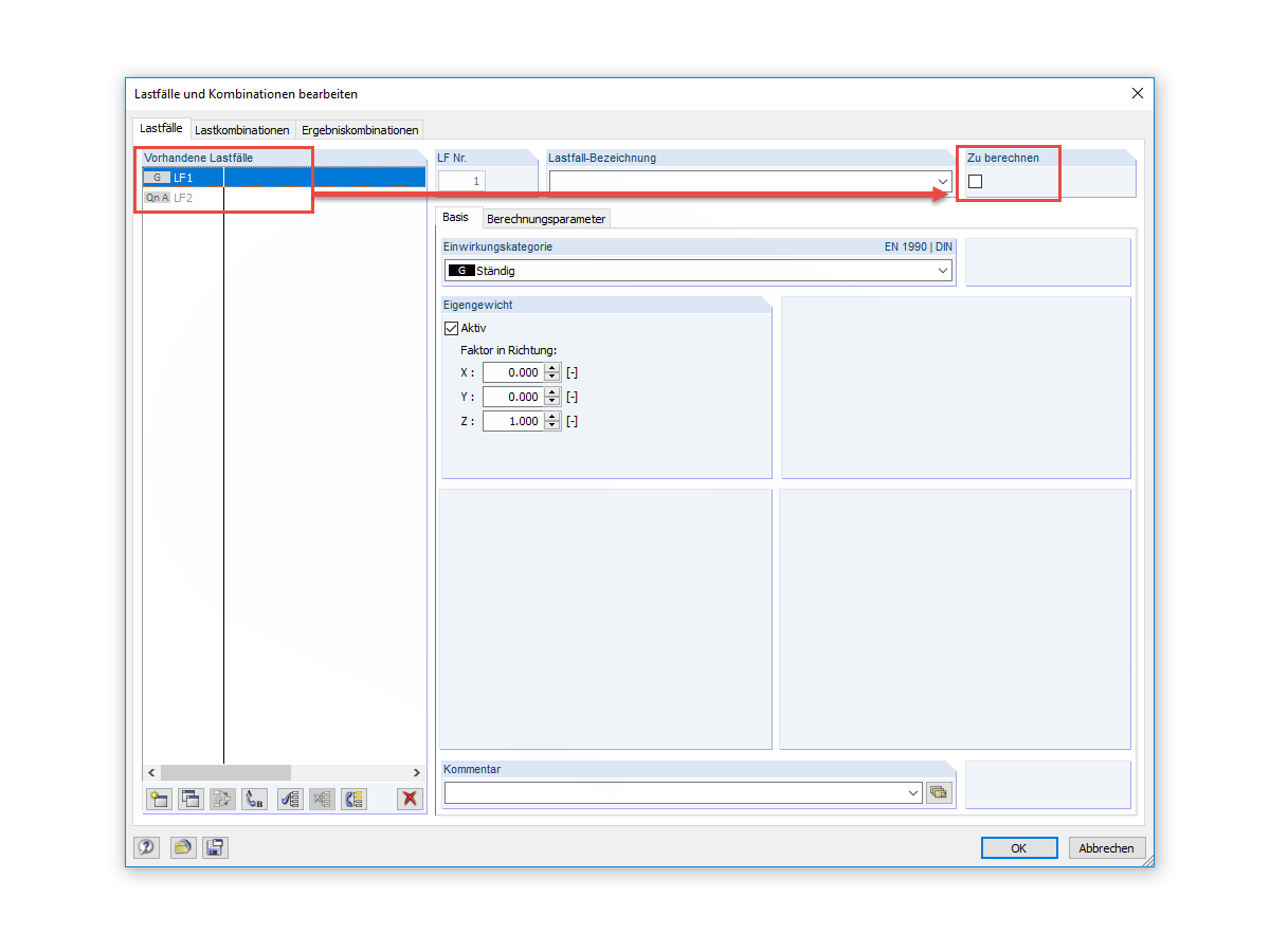 Lastfall für die Berechnung aktivieren