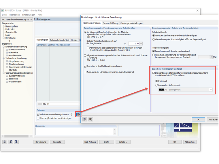 Export der nichtlinearen Steifigkeit