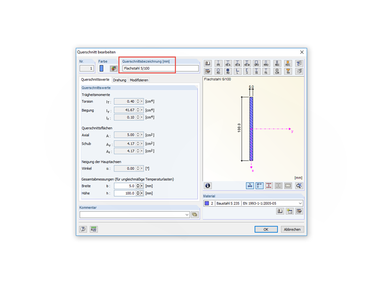 Änderung der Querschnittsbezeichnung