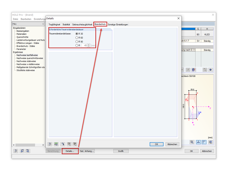Einstellung der Feuerwiderstandsklasse