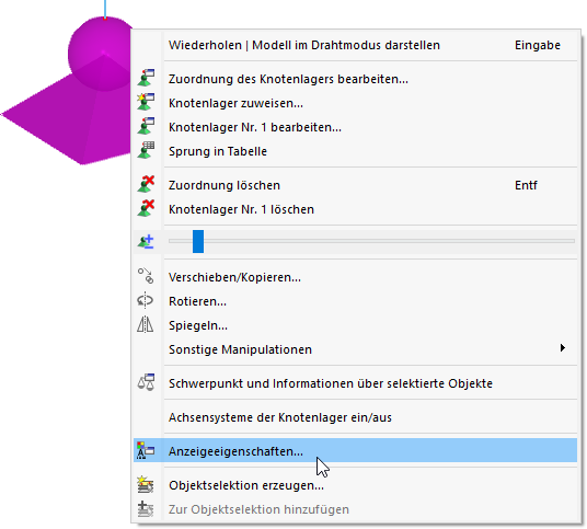 Kontextmenü eines Knotenlagers