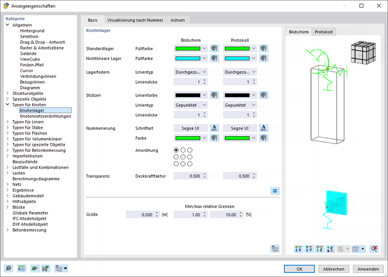 Anzeigeeigenschaften für Knotenlager