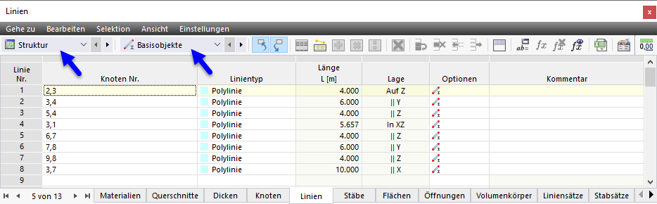 Tabellen für Kategorie 'Struktur' und Unterkategorie 'Basisobjekte'