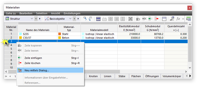 Kontextmenü in Tabelle