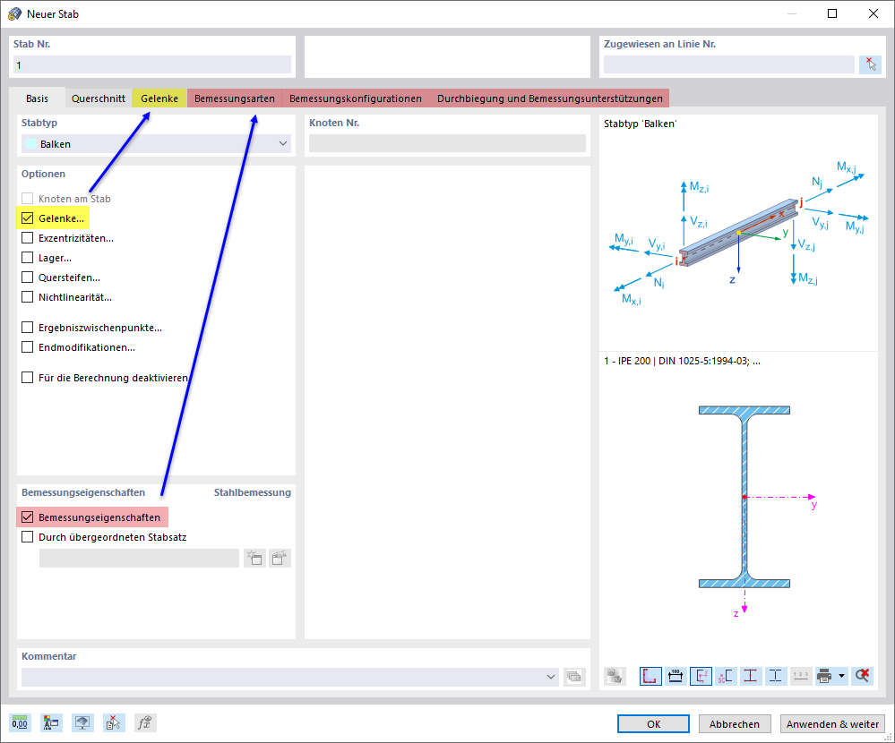 Eingabedialog 'Neuer Stab' mit Registern für Gelenk- und Bemessungseigenschaften