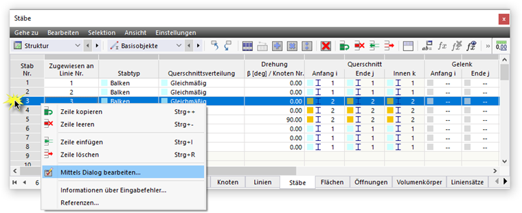 Kontextmenü in Tabelle