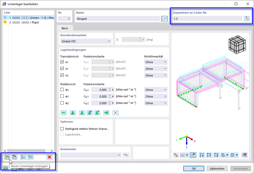 Bearbeitungsdialog 'Linienlager bearbeiten' mit Optionen zum Zuweisen und Erzeugen neuer Typen