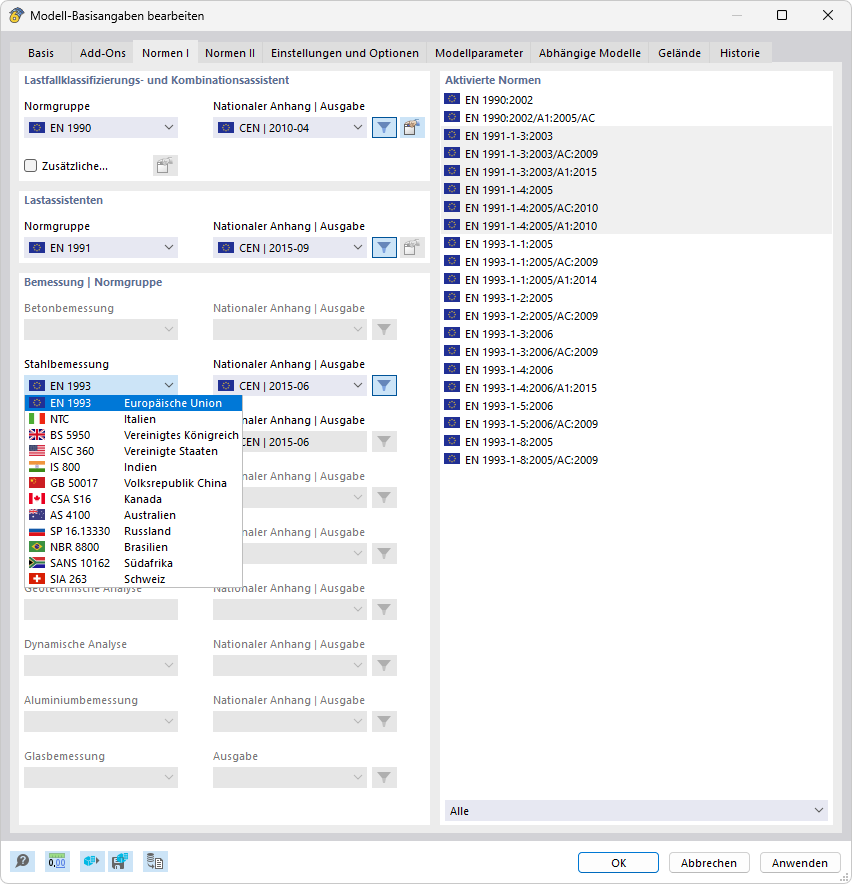 Norm für Stahlbemessung auswählen