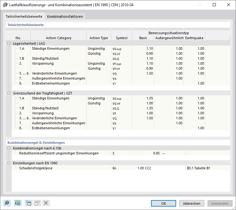 Teilsicherheits- und Kombinationsbeiwerte überprüfen