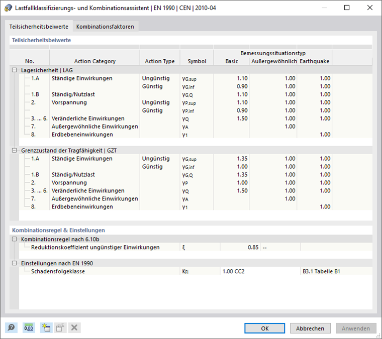 Teilsicherheits- und Kombinationsbeiwerte überprüfen