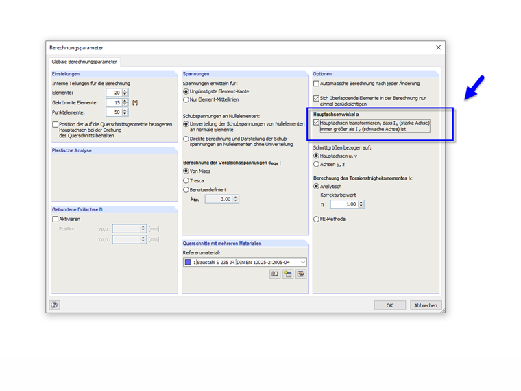 Einstellung für Hauptachsenwinkel
