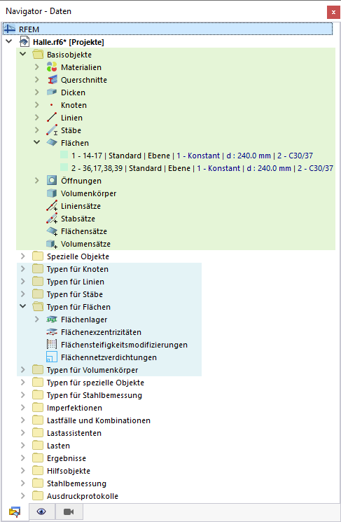 Basisobjekte (grün) und Typen für Basisobjekte (blau) im Navigator