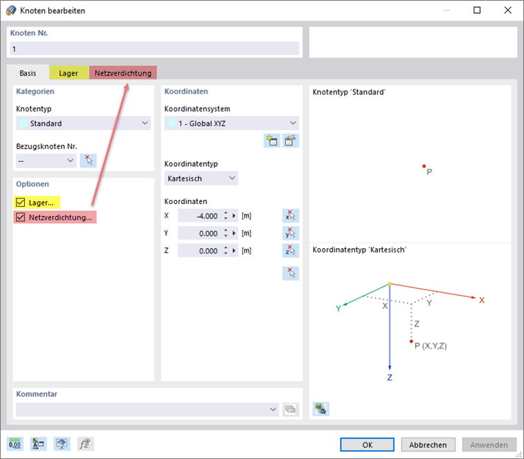 Knoten (Basisobjekt) mit Lager und Netzverdichtung (Typen für Knoten) versehen