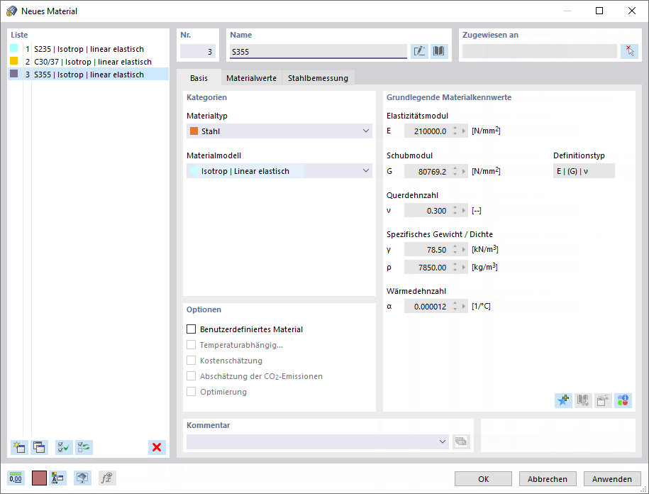Dialog 'Neues Material'