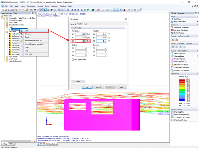 Die Lage des importierten Modells kann direkt in RWIND Simulation über das Dialogfenster "Modell bearbeiten" berücksichtigt werden.