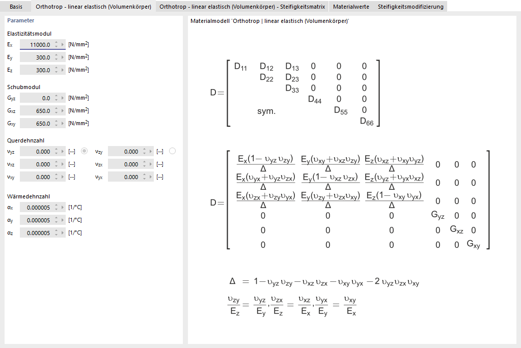 Steifigkeitsmatrix für orthotrop linear elastisches Material (Volumen)