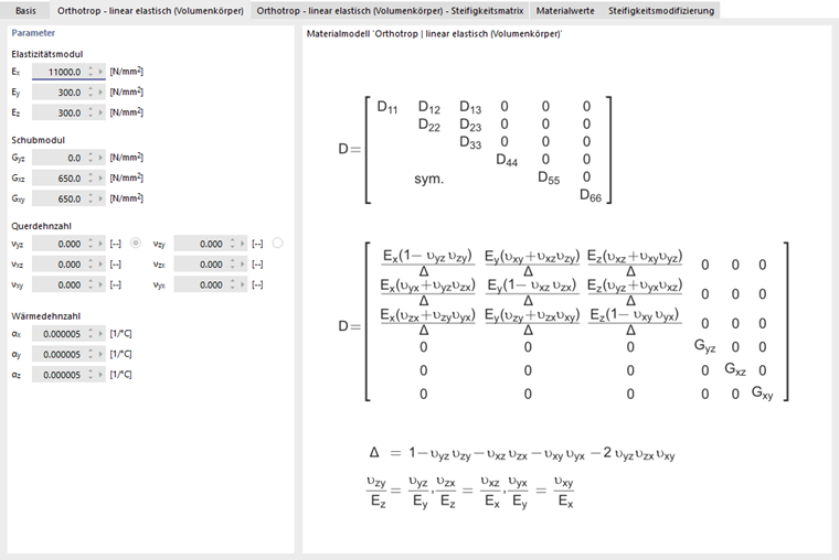Steifigkeitsmatrix für orthotrop linear elastisches Material (Volumen)