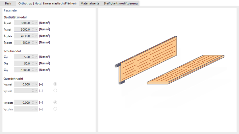 Parameter eines orthotrop linear elastischen Holzmaterials für Flächen