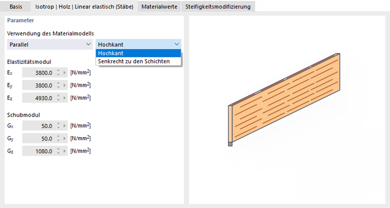 Parameter eines isotrop linear elastischen Holzmaterials für Stäbe