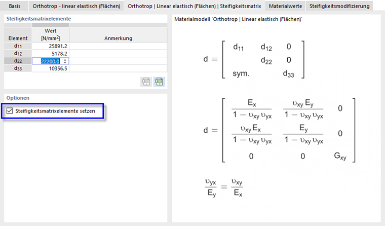 Steifigkeitsmatrixelemente festlegen