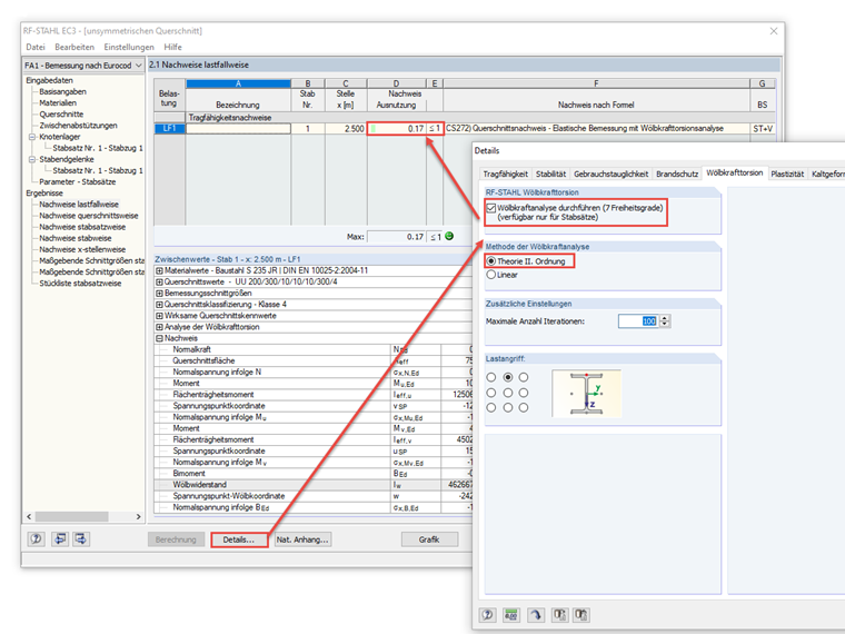 Stabilitätsnachweisführung nach Theorie II. Ordnung als Querschnittsnachweis mit STAHL Wölbkrafttorsion