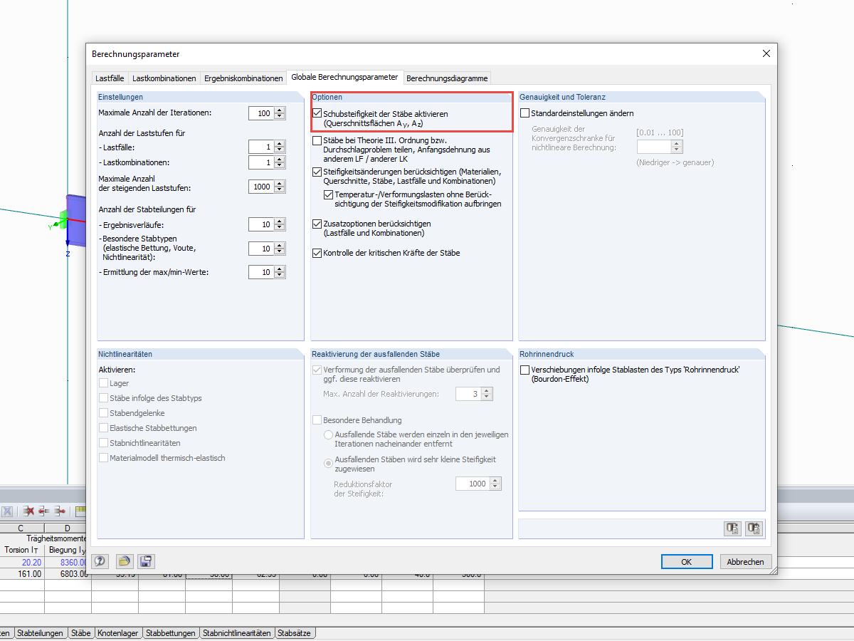 Schubsteifigkeit in den Berechnungsparametern aktivieren