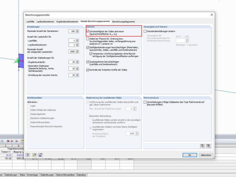 Schubsteifigkeit in den Berechnungsparametern aktivieren
