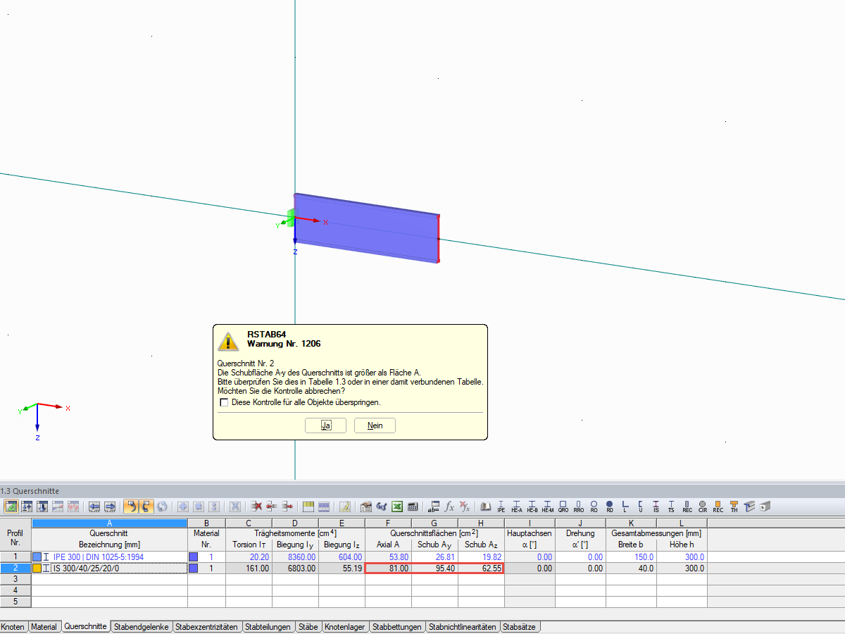 Warnmeldung aufgrund unplausibler Schubfläche