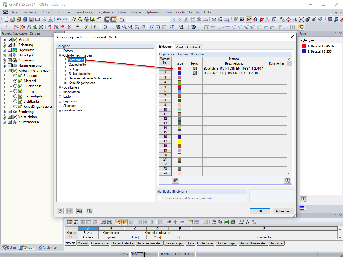 Änderung der Farben für Materialien in den Anzeigeeigenschaften