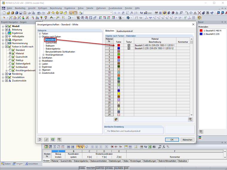Änderung der Farben für Materialien in den Anzeigeeigenschaften