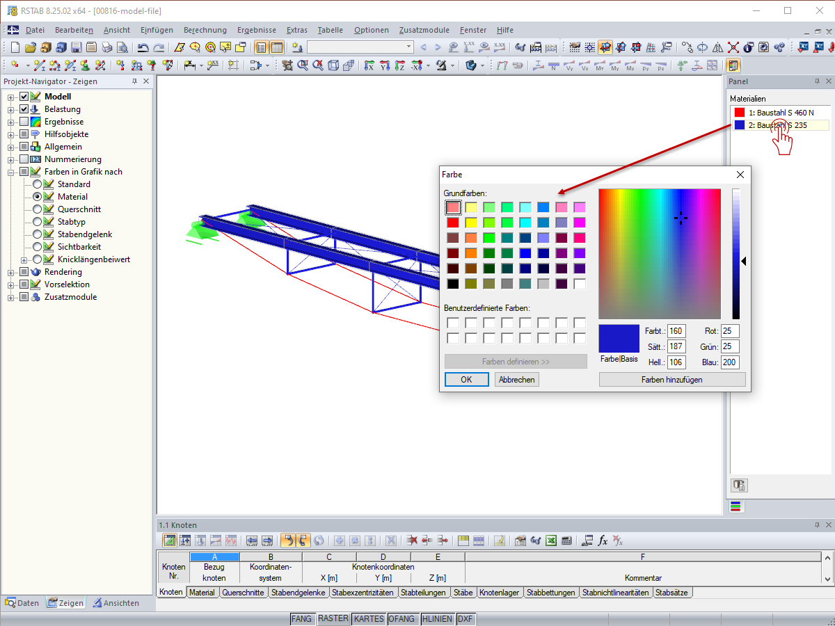 Änderung der Farben für Materialien im Panel
