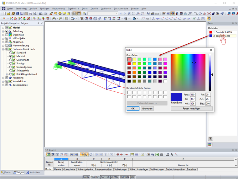 Änderung der Farben für Materialien im Panel