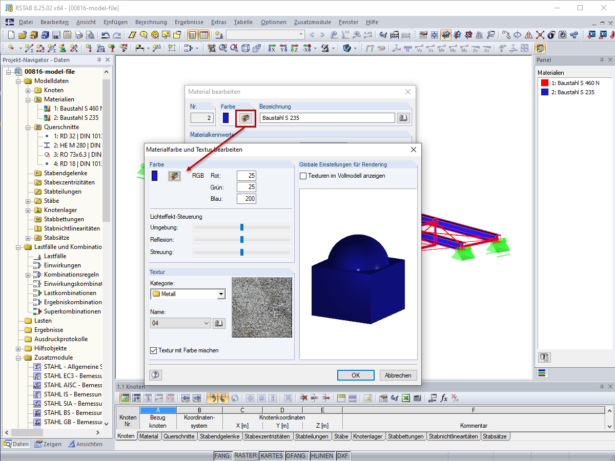 Änderung der Farben für Materialien im Dialog Material bearbeiten