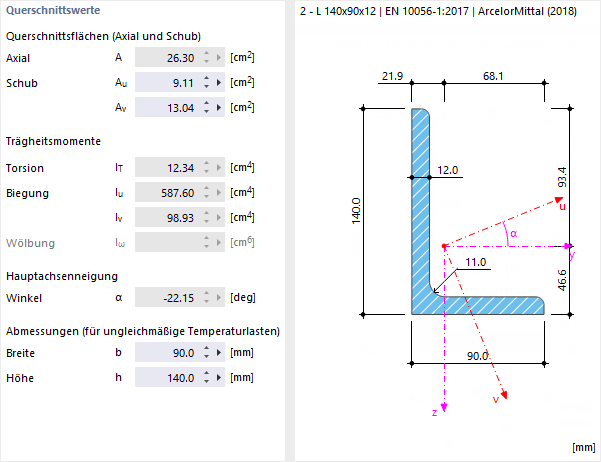 Querschnittswerte und Achsen eines L-Profils