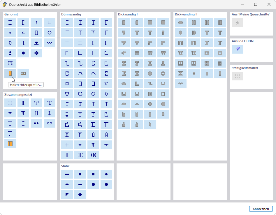 Querschnittsbibliothek mit Querschnittstypen